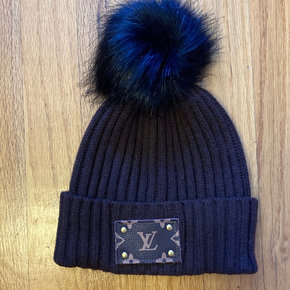 Louis Vuitton Black Beanie with Blue Pom Pom